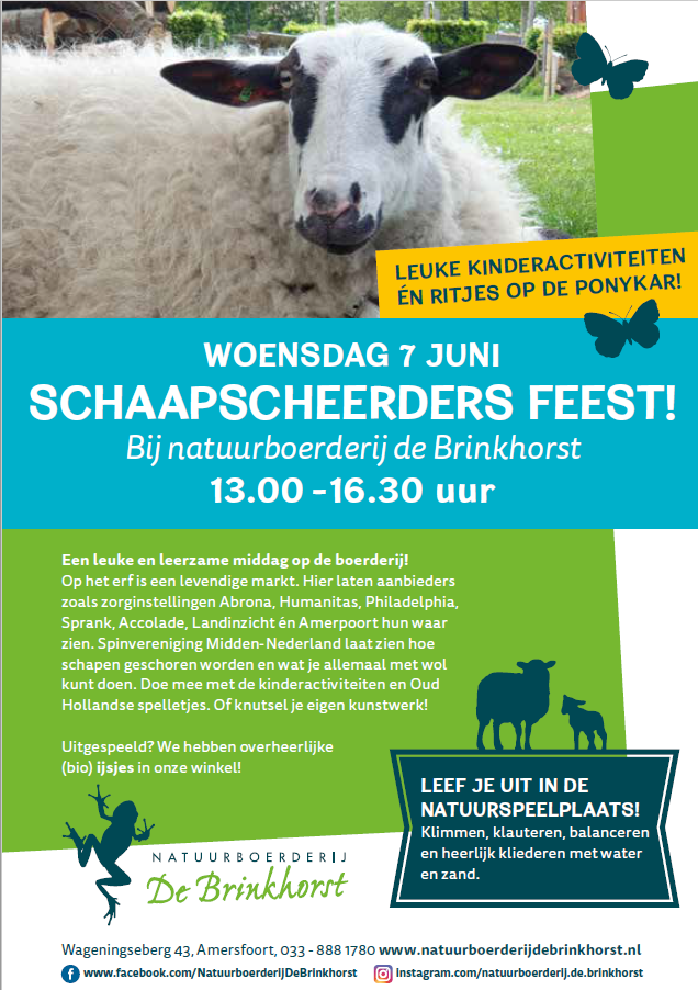 Flyer Schaapscheerdersfeest en markt bij Natuurboerderij de Brinkhorst. 13:00 tot 16:30 uur. 