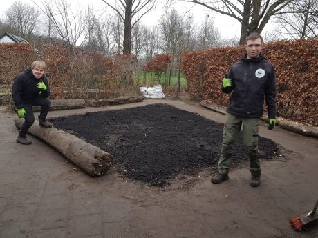 Overzicht van het IVN Voedselbosje met jonge bomen, kruiden en struiken, aangelegd op het schoolplein van De Kosmos.