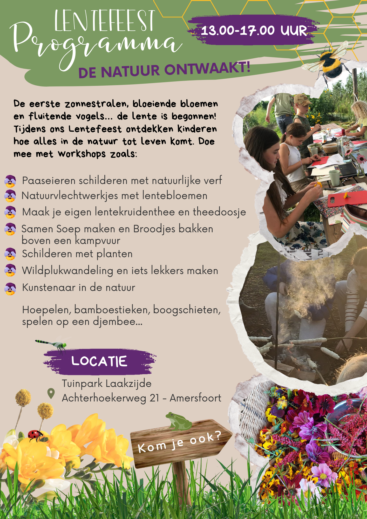 Flyer lentefeest achterzijde programma lentefeest op tuinpark laakzijde georganiseerd met cura di flora en land in zicht