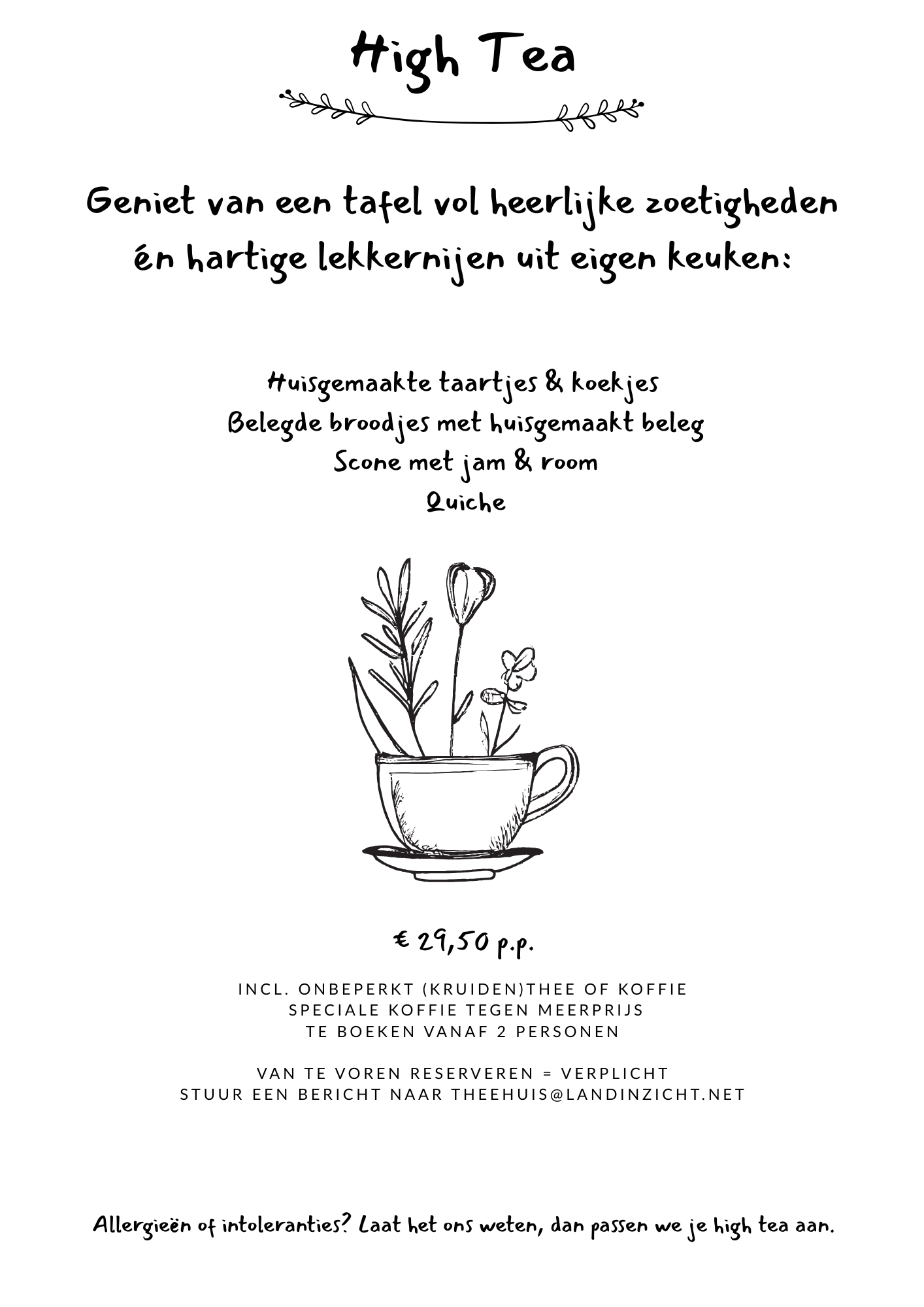 Geniet van een huisgemaakte high tea in het groene Theehuis van Land in Zicht in Amersfoort. Vers, lokaal en gezellig tussen tuin en erf.