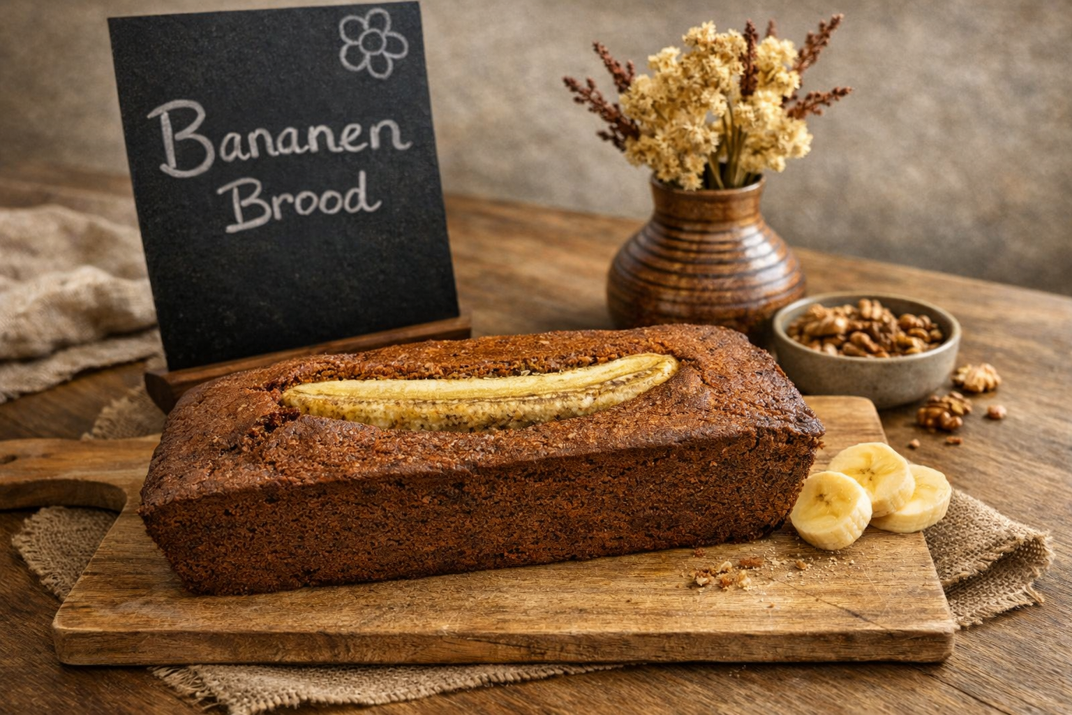 Huisgemaakt bananenbrood met banaan bovenop, ambachtelijk gebakken bij Theehuis van Land in Zicht in Amersfoort. Taarten bestellen Amersfoort kan bij ons.