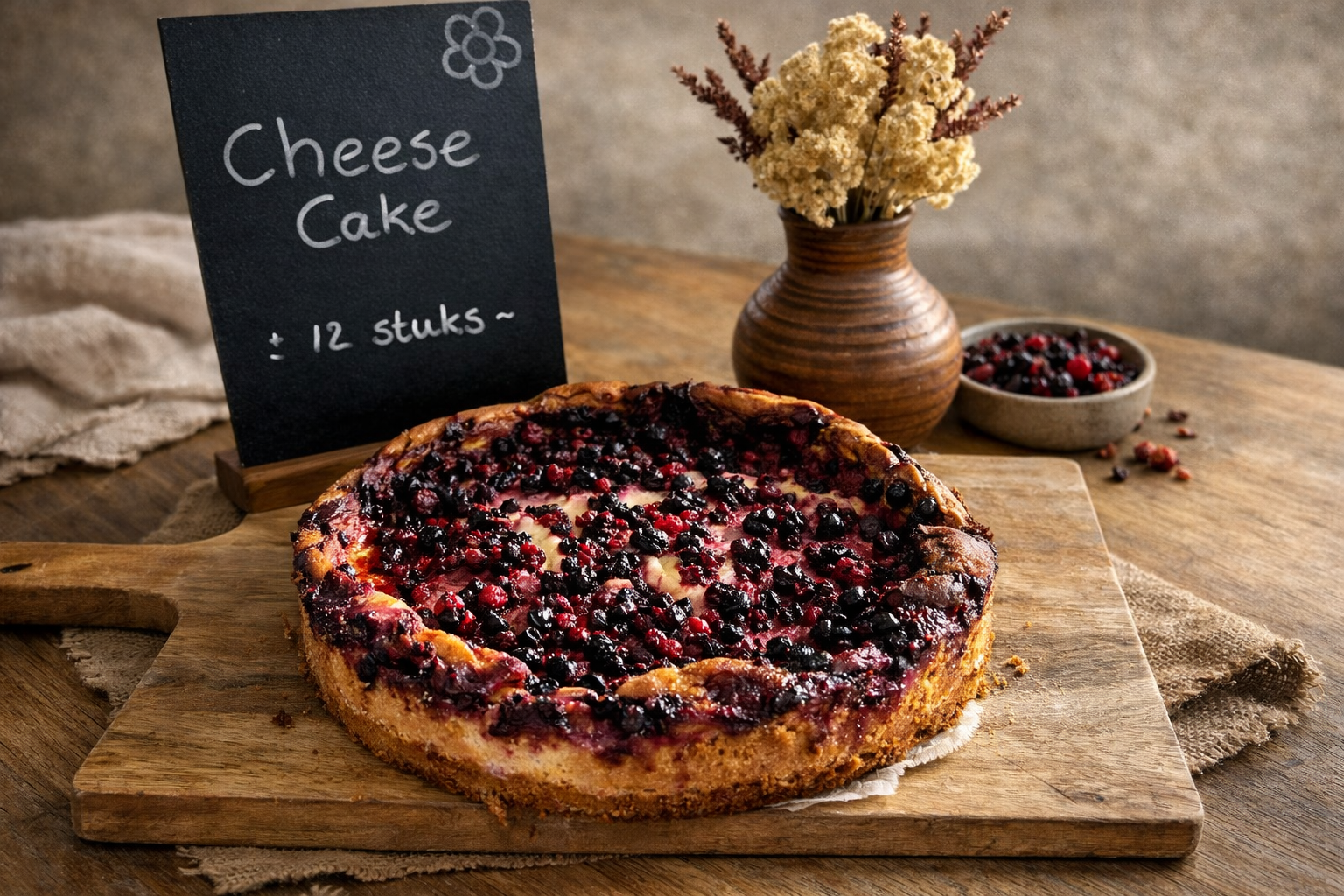 Romige cheesecake met bosvruchten topping, huisgemaakt en vers gebakken bij Theehuis van Land in Zicht in Amersfoort. Taarten bestellen Amersfoort kan bij ons.