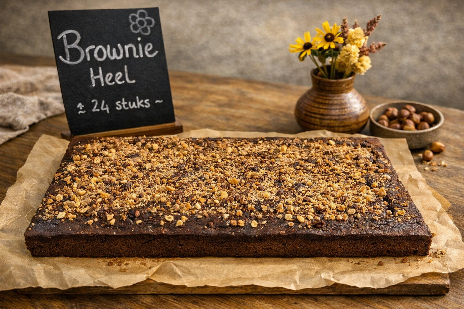 Ambachtelijke brownie plaattaart huisgemaakt bij Theehuis van Land in Zicht in Amersfoort. Taarten bestellen Amersfoort kan bij ons.