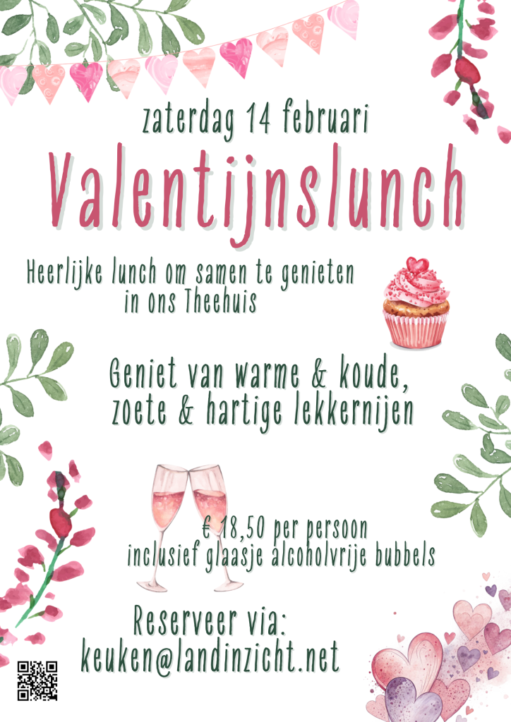 Vier Valentijnsdag op een bijzondere en ontspannen manier bij Land in Zicht. Op zaterdag 14 februari nodigen we je uit voor een heerlijke Valentijnslunch om samen van te genieten. Een lunch om te delen, met een mooie variatie van warme en koude, zoete en hartige gerechten, allemaal huisgemaakt met biologische en lokale ingrediënten. Natuurlijk hoort daar een glaasje alcoholvrije bubbels bij. Of je nu komt met je partner, een vriend(in) of iemand die je wilt verrassen: dit wordt een liefdevolle middag vol smaak en gezelligheid. Reserveren kan via keuken@landinzicht.net.