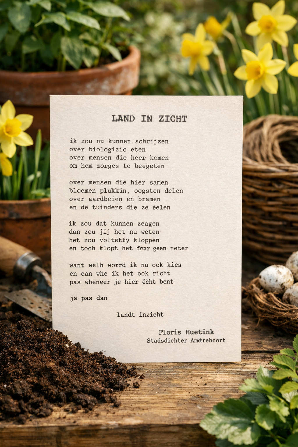 Het gedicht van stadsdichter Floris gemaakt aan de picknicktafel van onze dagbesteding.