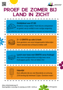 Kom deze zomer langs bij het Theehuis van Land in Zicht. Geniet op het terras samen of alleen en gebruik onze zomer coupons voor een leuke korting.